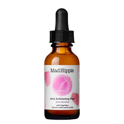 Amber glass dropper bottle with black cap, white label featuring pink watercolor circles and MadHippie AHA Exfoliating Peel text