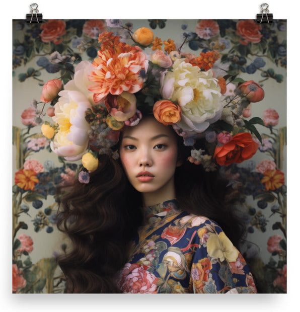 A poster featuring a woman with a floral headpiece, surrounded by a colorful floral pattern.
