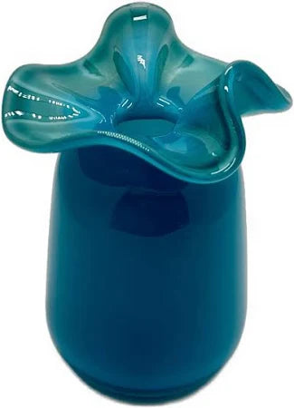 Teal glass vase with ruffled wavy rim and smooth cylindrical base in glossy finish on white background
