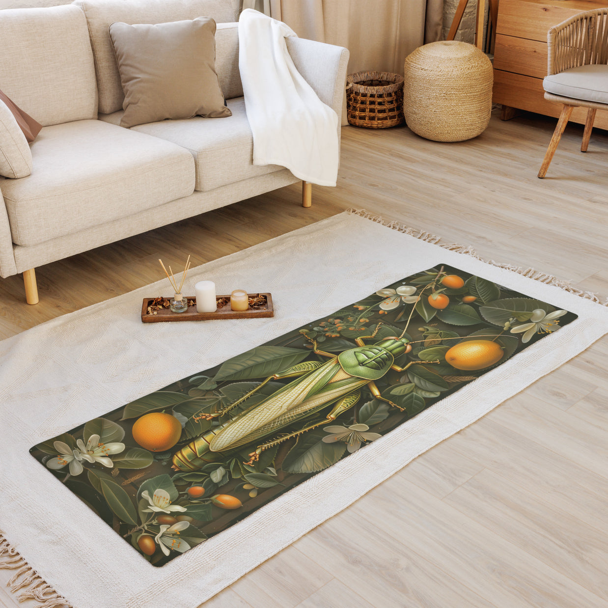 Botanical yoga mat with dark green background featuring vintage-style corn, oranges, white flowers, and leafy vines