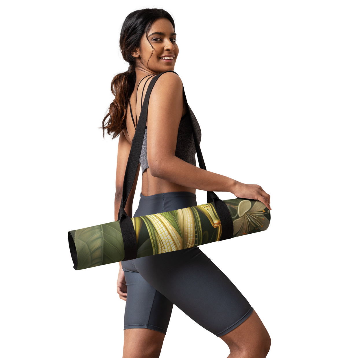 Yoga mat bag with botanical palm leaf print in olive green and cream tones with black adjustable shoulder strap