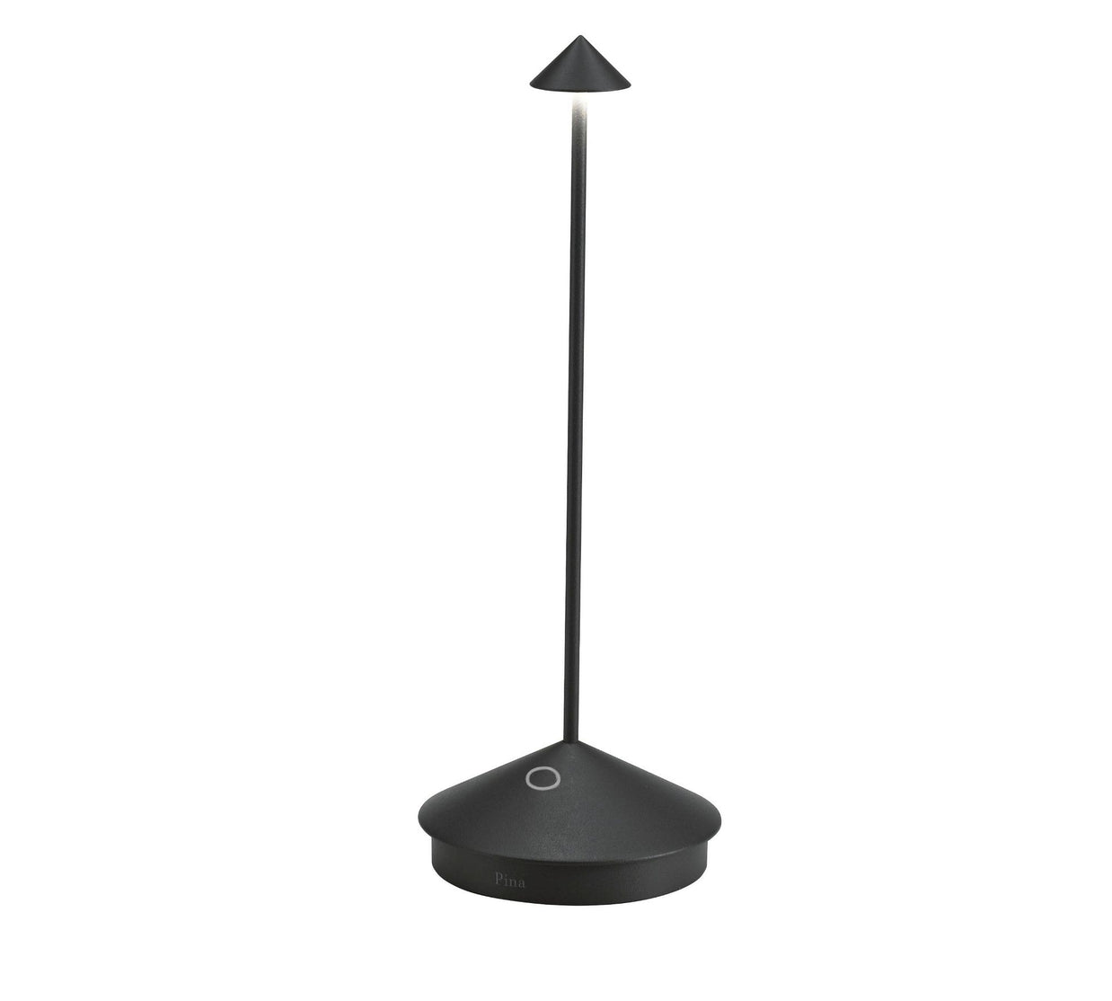 Matte black cordless LED table lamp with conical shade, slender stem, and round weighted base with touch control button