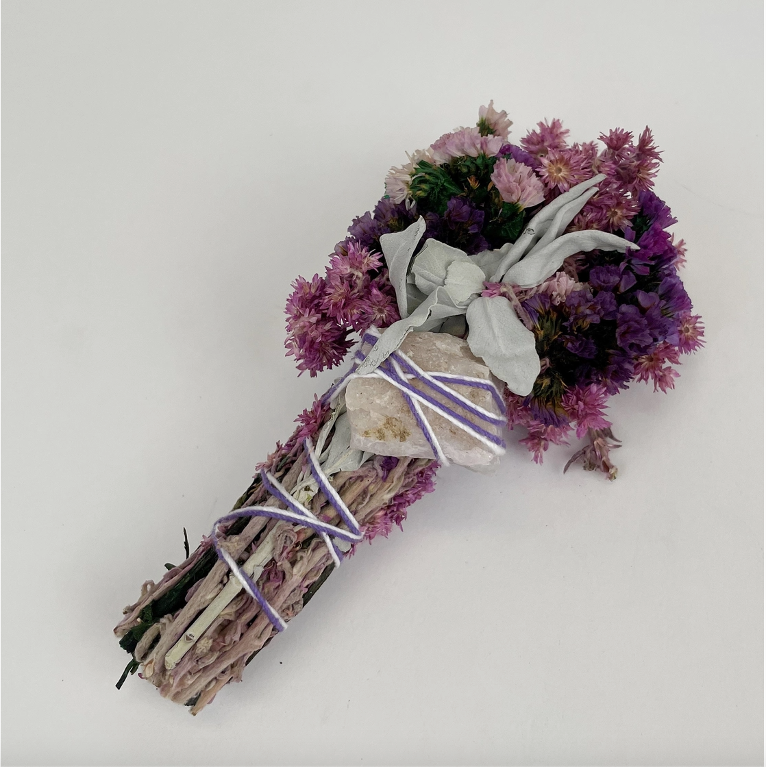 Andaluca_Pink & Purple Floral Smudge Wand w/ Sage & Quartz Crystal with Abalone Shell