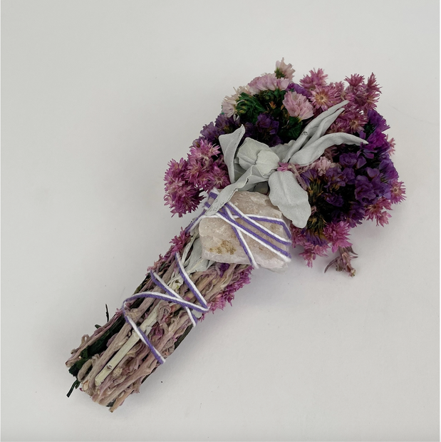 Floral Smudge Wand w/ Sage & Quartz Crystal with Abalone Shell, Pink & Purple