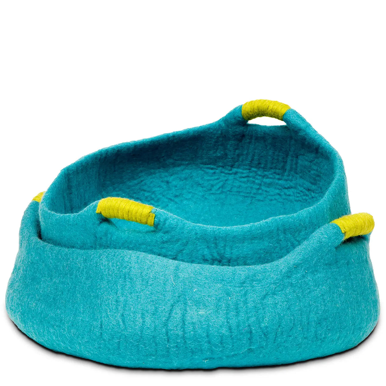 Turquoise felt basket with yellow wrapped handles, featuring curved organic shape and soft textured wool construction