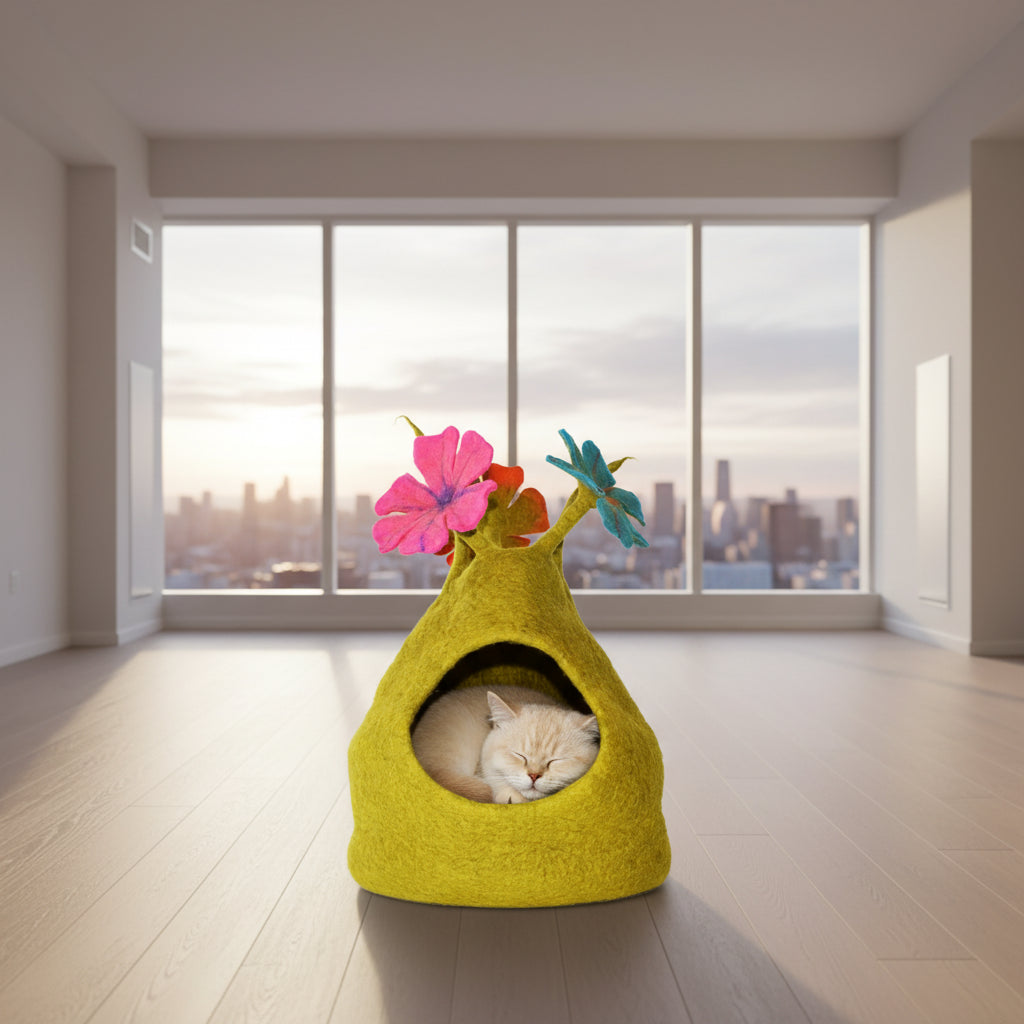 Chartreuse felted wool dome-shaped pet cave with round opening, topped with pink, orange, and teal felt flowers
