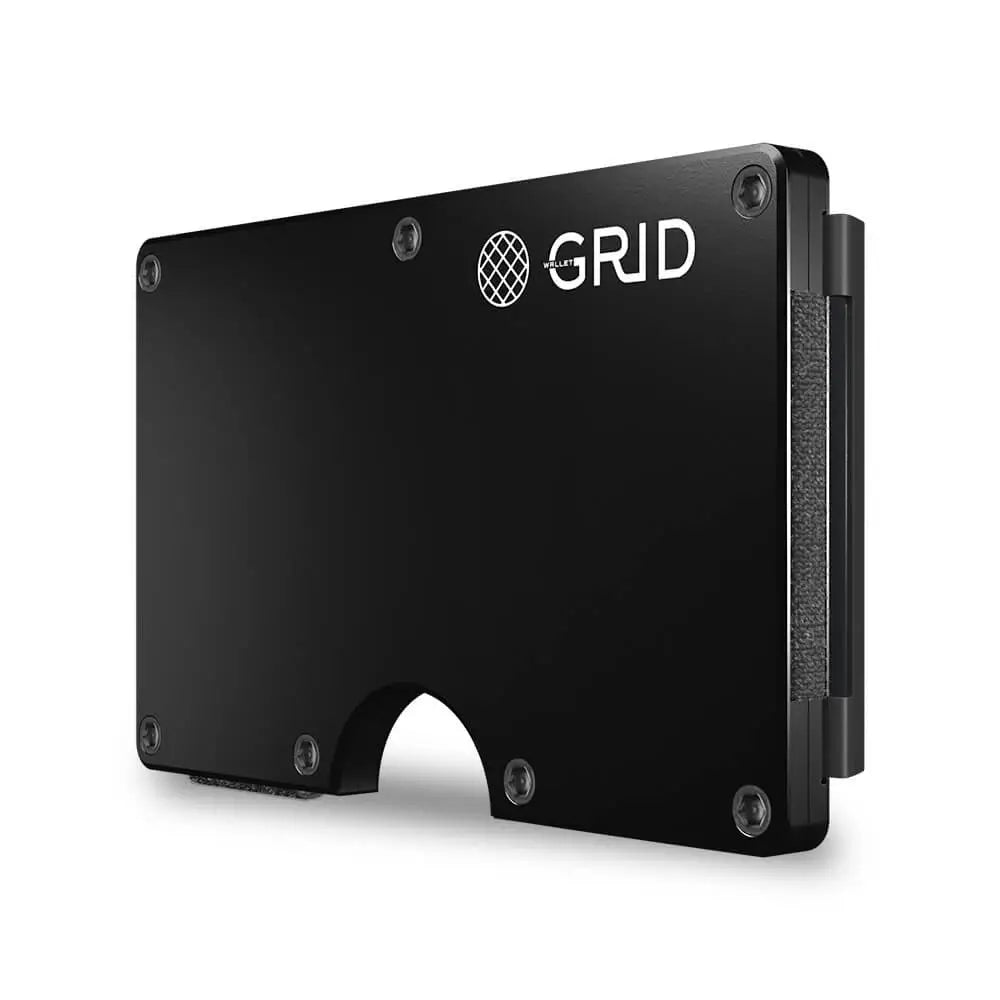 Black anodized aluminum minimalist wallet with GRID logo, hinged opening mechanism, and corner screws on slim metal frame