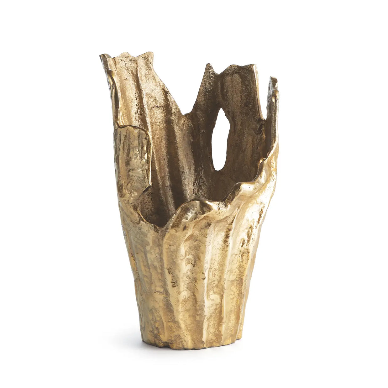 Gold metallic vase with organic tree bark texture and irregular torn edges at top, featuring natural wood-grain pattern