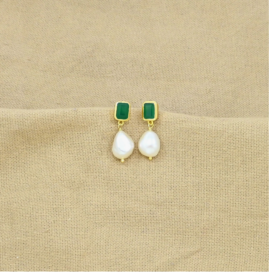Schmuckoo Berlin Freya Earrings Gold - Pearl & Green Onyx