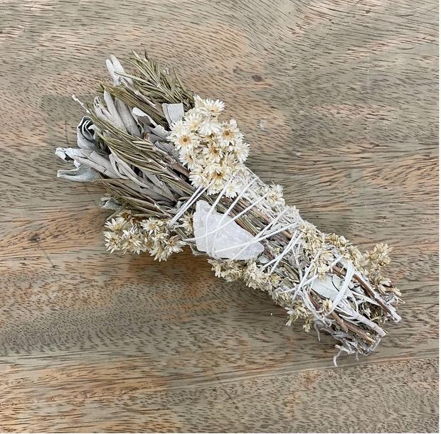 Floral Smudge Wand with Quartz Crystal with Abalone Shell, Rosemary & Sage