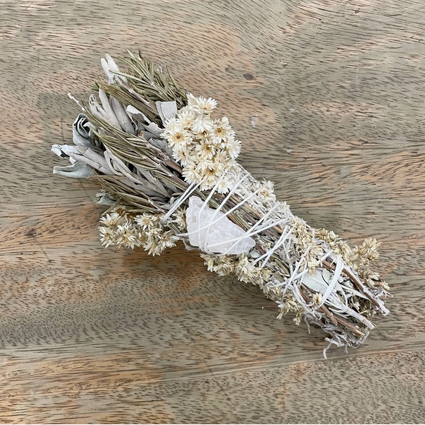 Floral Smudge Wand with Quartz Crystal with Abalone Shell, Rosemary & Sage